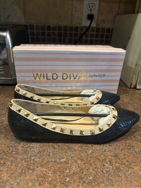 DIVA Lounge Black Sequin Pointed Flats with Gold Stud Trim